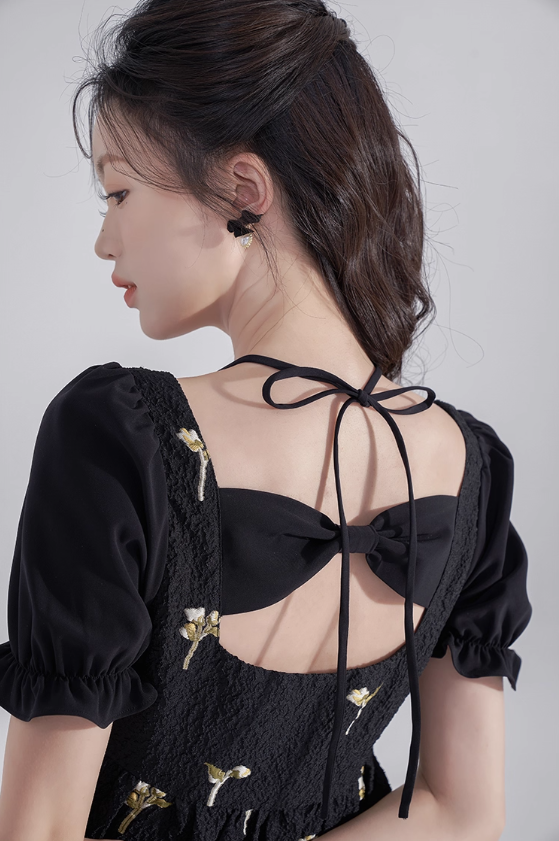 Black hollow high-end short skirt sweet jacquard baby doll skirt summer back bow dress for women R4114