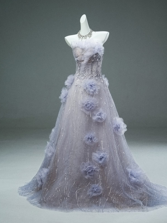 Elegant Lavender Prom Dress ,A-Line Strapless Applique Corset Maxi Quinceanera Dress RS984