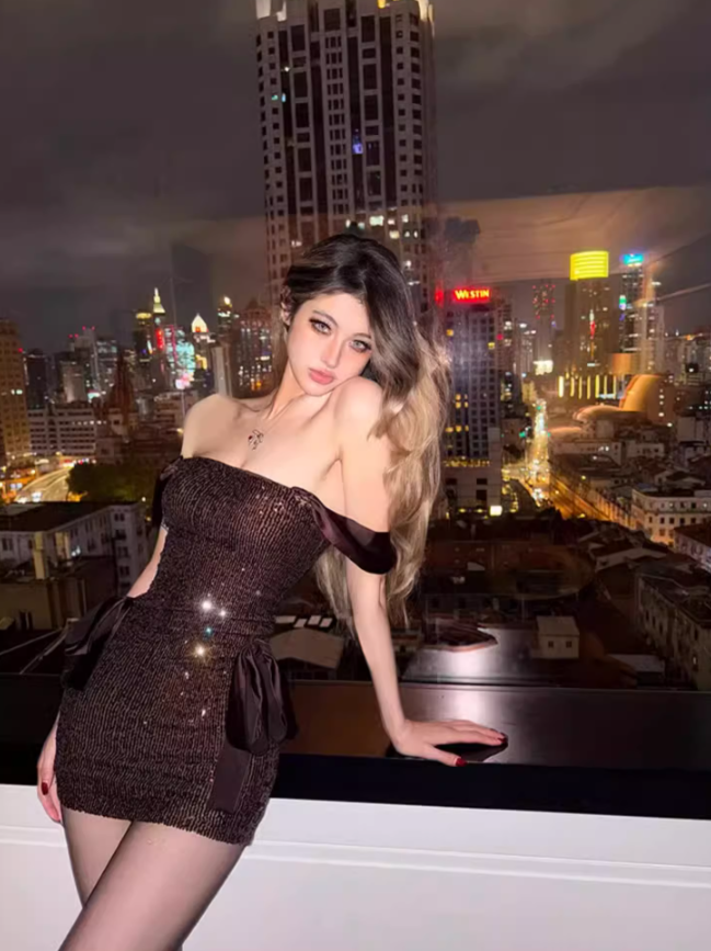 Thousand gold sequined suspender dress 2025 pure desire style bow tie hip skirt R1410