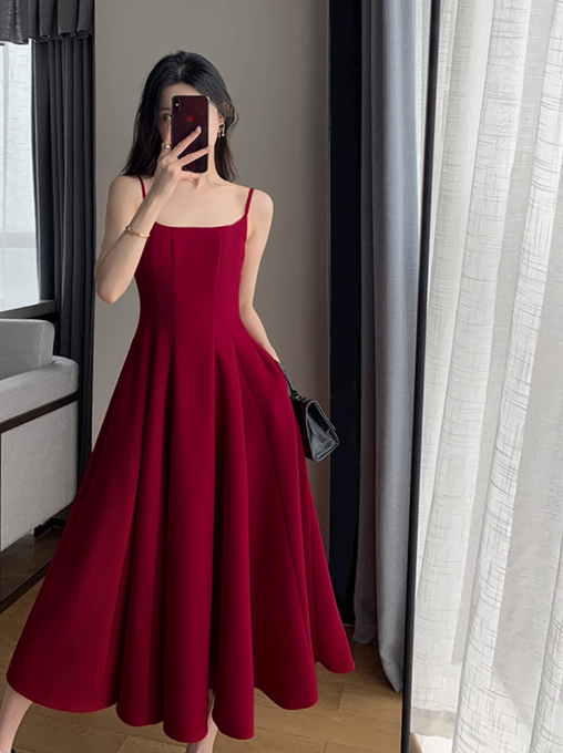 Retro red suspender dress slim waist square neck dress long skirt R1537