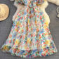Beach vacation floral suspender skirt fashionable waist slim backless a-line printed chiffon dress R0331