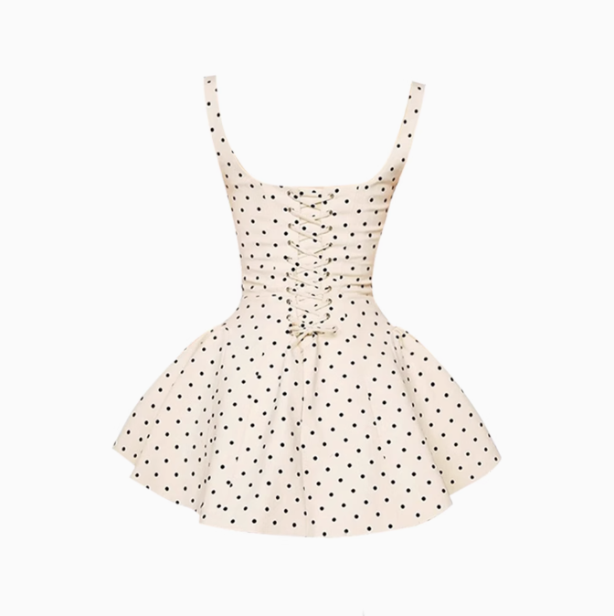 Square collar polka dot suspender dress for women 2025 waisted puffy A-line skirt R1046