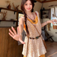 Artistic forest style layered beaded suspender long skirt travel wear dress knitted vest two-piece suit R1731