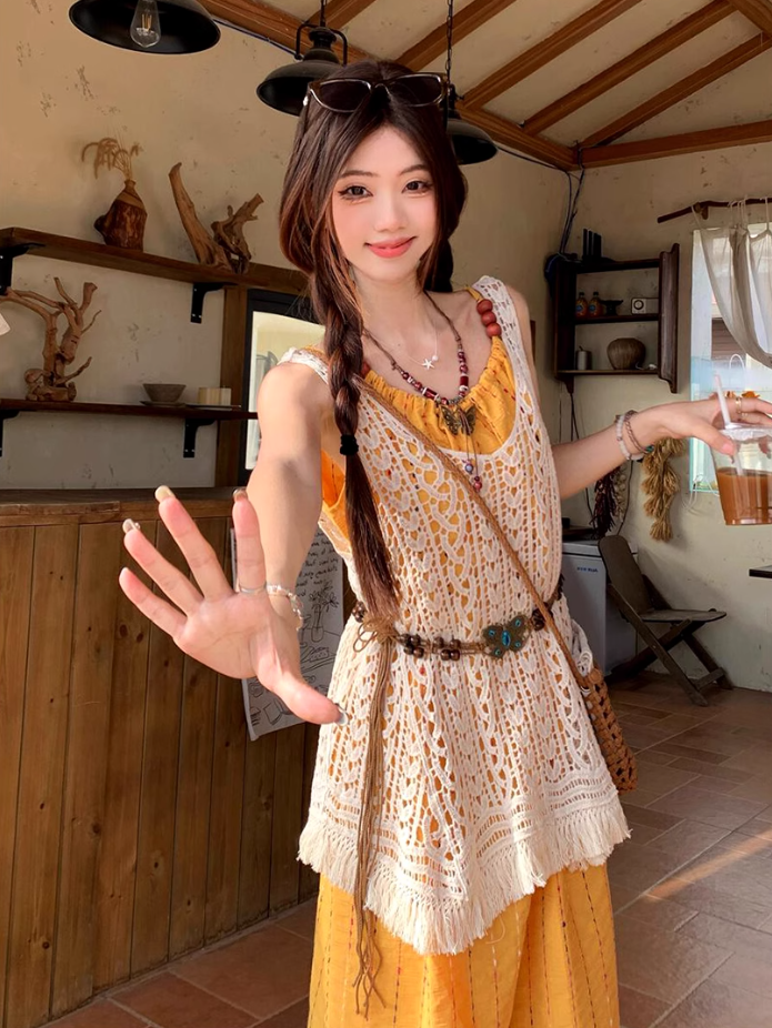 Artistic forest style layered beaded suspender long skirt travel wear dress knitted vest two-piece suit R1731