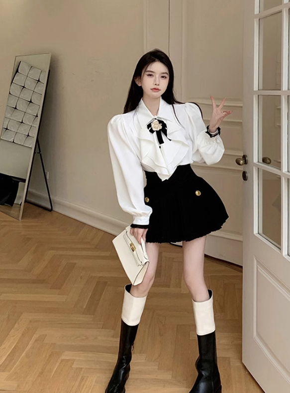 French tea break design shirt top 2025 pure desire sweet pleated skirt suit R1412