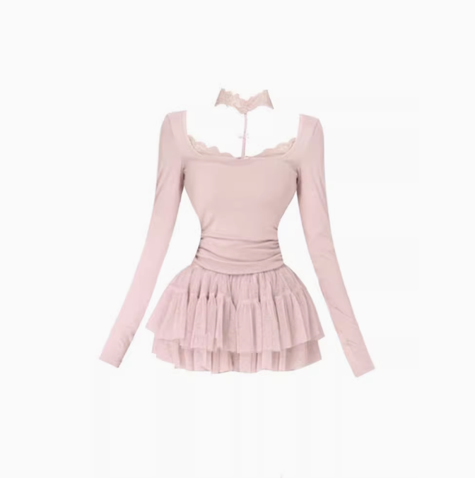 Pure desire style lace halter neck long sleeve short top 2025 sweet and spicy a-line skirt suit R1277