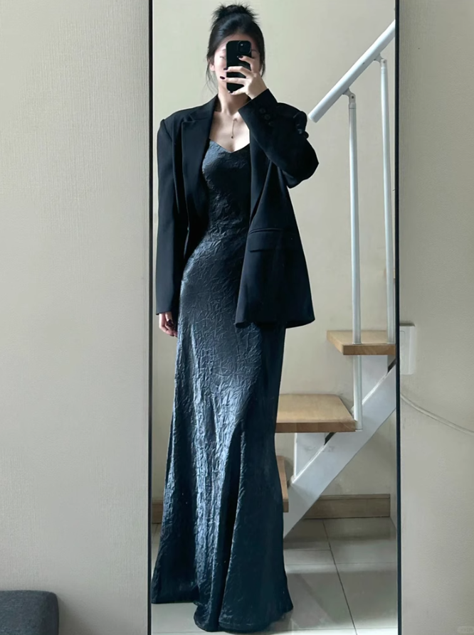 Large size French royal sister retro black suit jacket light luxury evening dress suspender skirt R1884