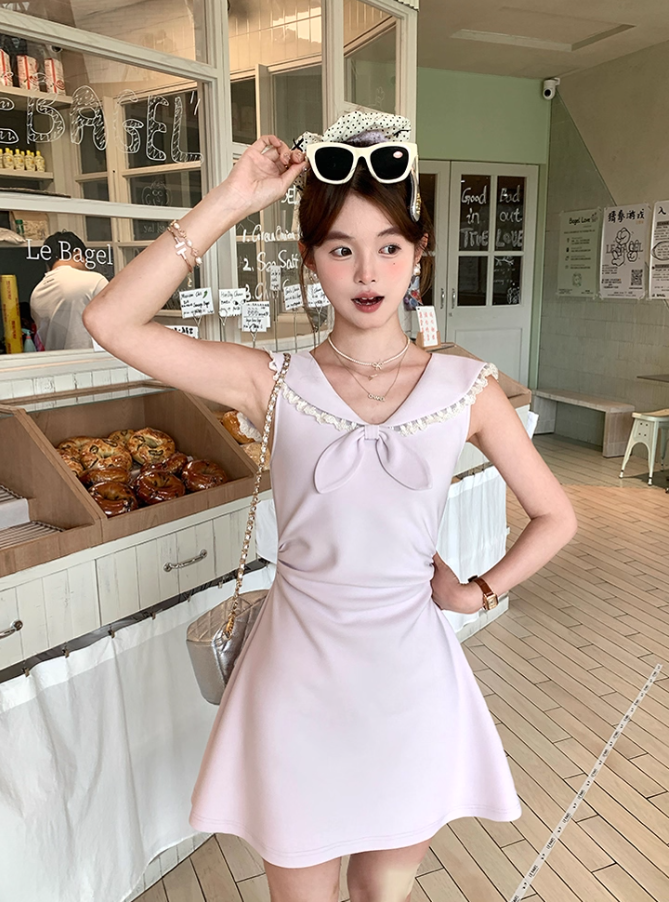 Navy collar bow waist dress summer French fashion temperament skirt R4738