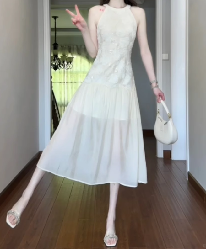 Jacquard sleeveless halter dress cool and gentle temperament waist A-line long skirt R0857