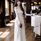 French style gentle off-shoulder knitted A-line dress high-end waist slim long skirt R1450