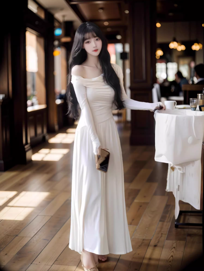 French style gentle off-shoulder knitted A-line dress high-end waist slim long skirt R1450
