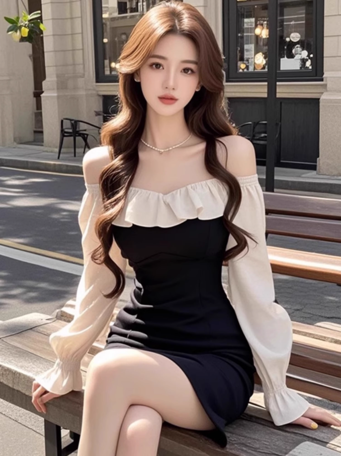 Pure contrast color ruffled one-shoulder dress new style waist slimming hip skirt R3394