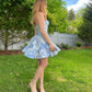 Blue printed tube top waist skirt homecoming dress R3695