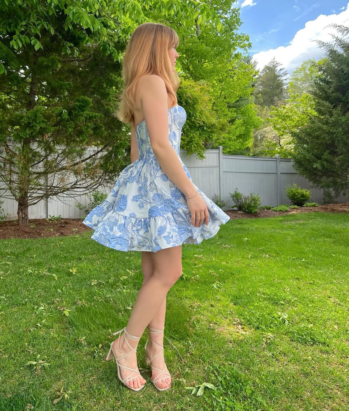 Blue printed tube top waist skirt homecoming dress R3695