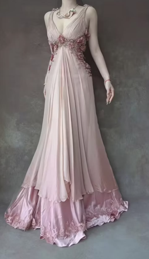 Pretty Pink Prom Dress ,A-Line V-neck Applique Corset Maxi Evening Dress RS988