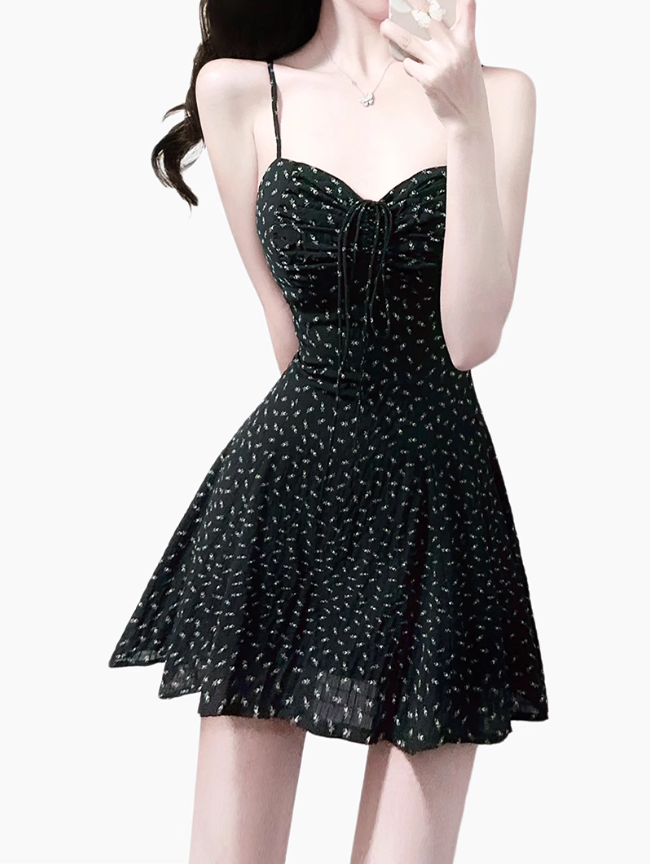 2025 Summer New Black Retro Floral A-line Waist Short Suspender Dress R0977