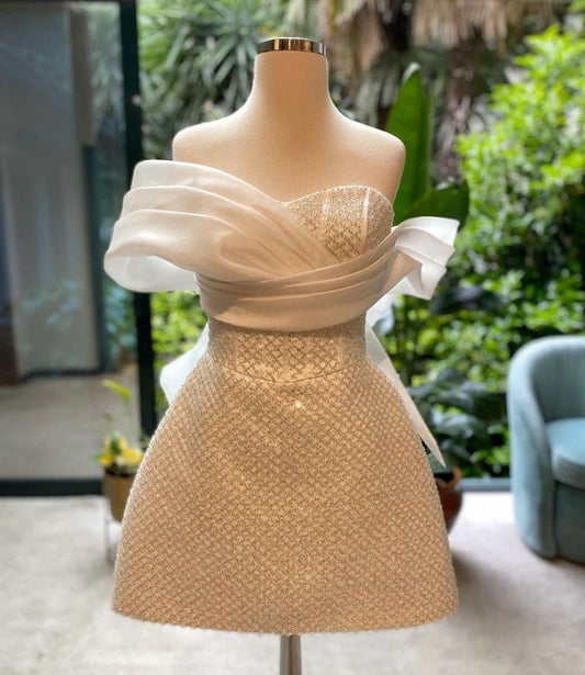 Shiny skirt irregular one-shoulder slim princess short skirt homecoming dress R2543