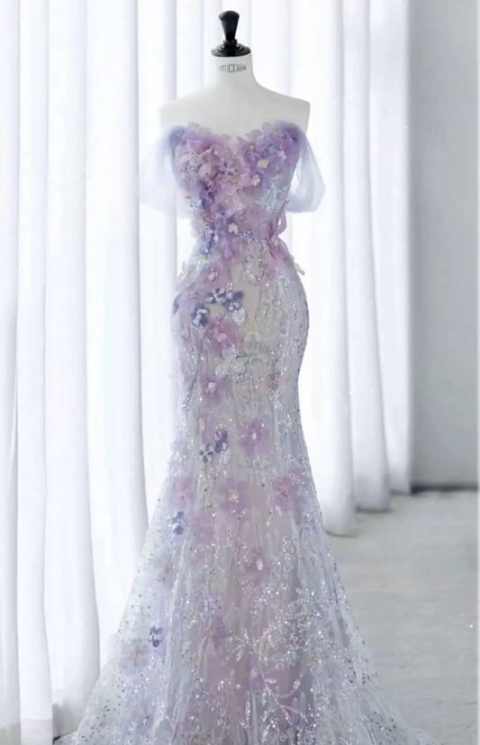 Dreamy Lavender Prom Dress ,Mermaid Off-the-shoulder Applique Glitter Corset Maxi Evening Dress RS989