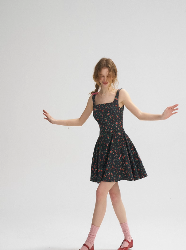 French Retro Floral Sling Dress Sleeveless Short Skirt R2760