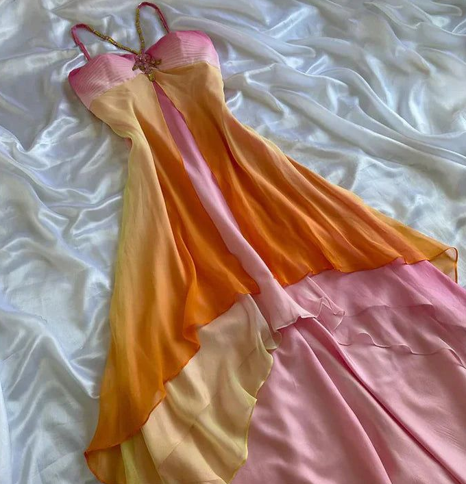 Flowy Patchwork Prom Dress ,A-Line Spaghetti Straps Chiffon Corset Maxi Summer Dress RS990