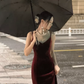 Burgundy suspender dress sexy V-neck backless high-end Christmas annual party hip dress R1471