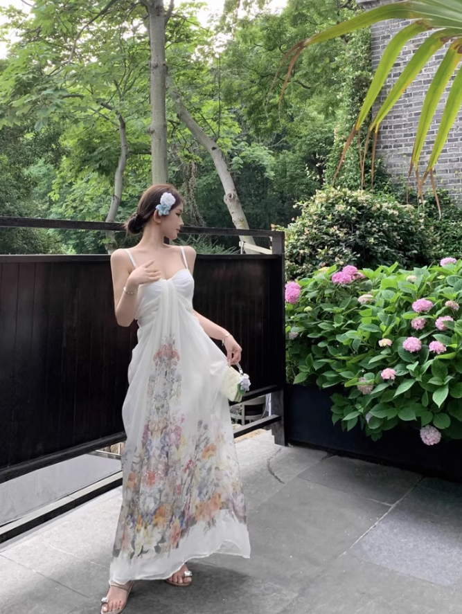 Sexy tube top suspender dress temperament floral long skirt R0542
