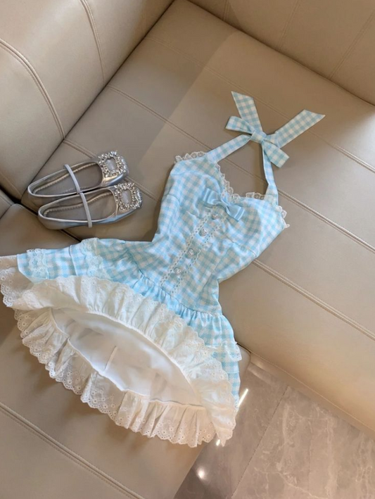 Fresh Pale Blue Striped Homecoming Dress ,A-Line Halter Corset Cute Summer Dress RS992