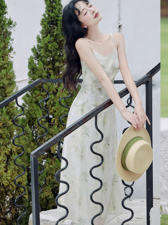 French style cool print suspender skirt gentle style waist slim green floral dress R2396