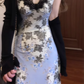 Oil painting floral suspender dress beautiful waist A-line long skirt R0606