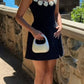 Black suspenders, fresh three-dimensional flower A-line slim homecoming dress R2425