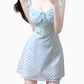 2025 Summer New Blue Plaid Lace Square Neck Short Sleeveless Dress R0969