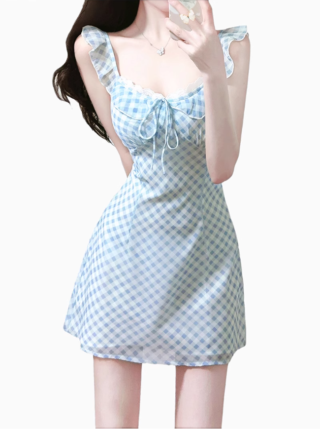 2025 Summer New Blue Plaid Lace Square Neck Short Sleeveless Dress R0969
