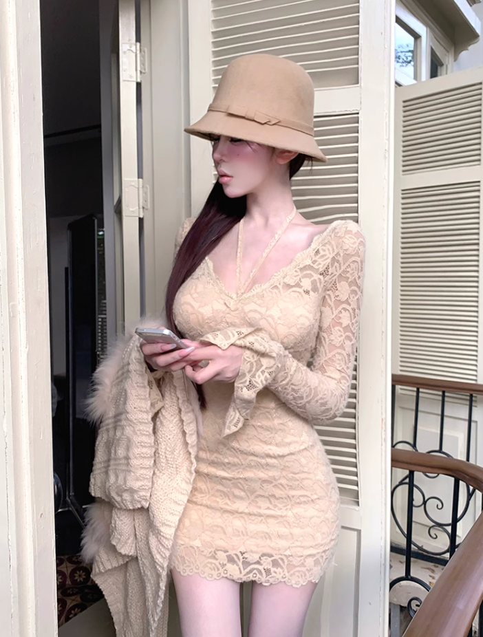 Pure desire hot girl V-neck lace halter neck dress 2025 temperament waist hip skirt R1166