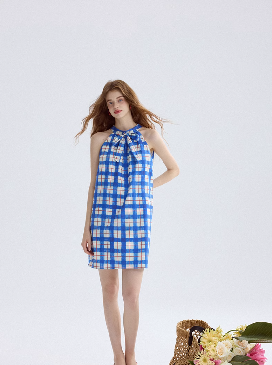 Plaid dress halter neck suspender skirt short skirt vacation wear skirt women summer R3455