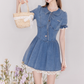 Vintage denim dress with baby doll collar, puff sleeves and waist-hugging tutu skirt R4543