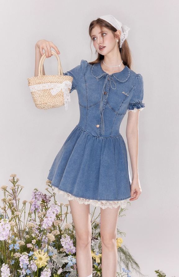 Vintage denim dress with baby doll collar, puff sleeves and waist-hugging tutu skirt R4543