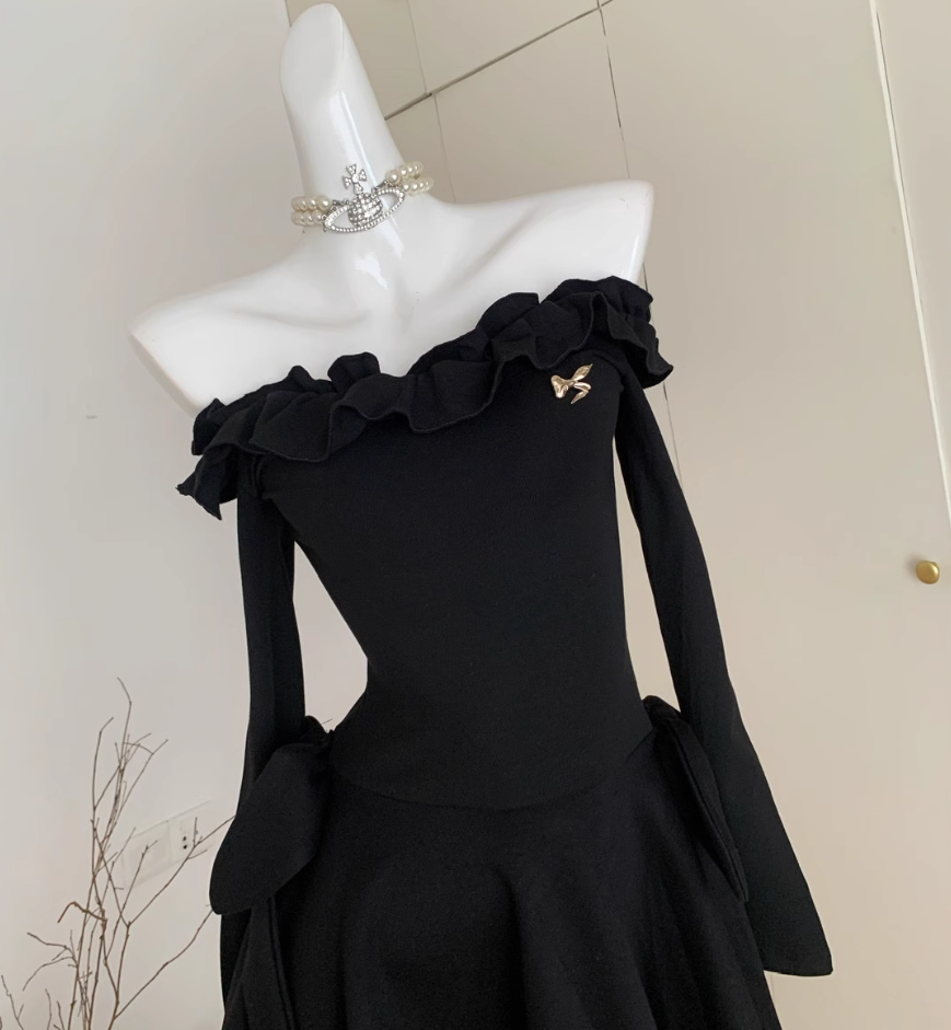 Little black dress one shoulder dress waist black high-end temperament skirt R1996