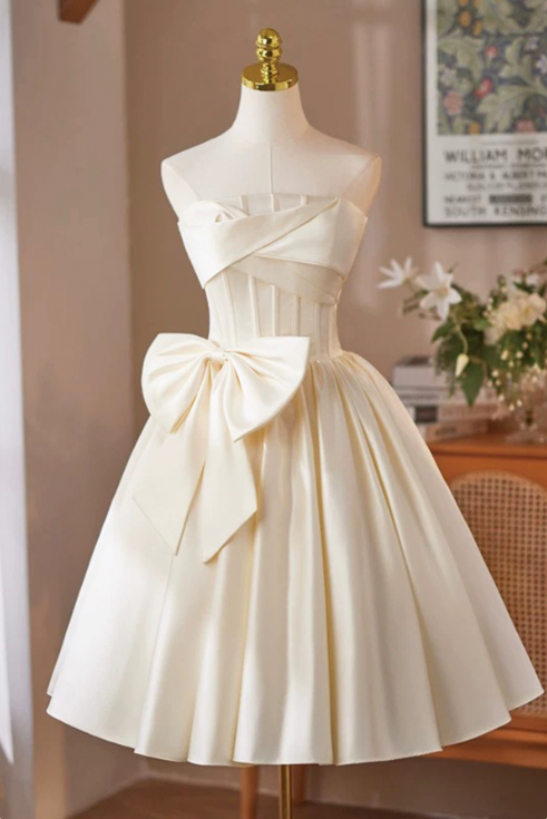Minimalist Pastel Yellow Homecoming Dress ,A-Line Strapless Bow Cute Short Prom Dress RS807