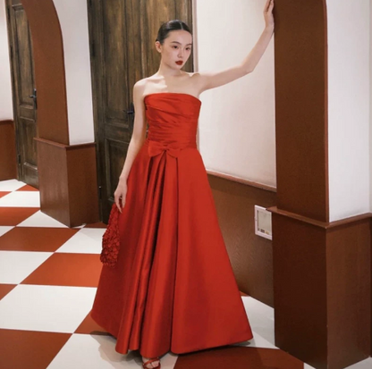 Silky Satin Strapless Corset Prom Gown , Red Women's Maxi Evening Dress Ball Gown RS2605