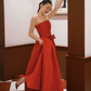 Silky Satin Strapless Corset Prom Gown , Red Women's Maxi Evening Dress Ball Gown RS2605