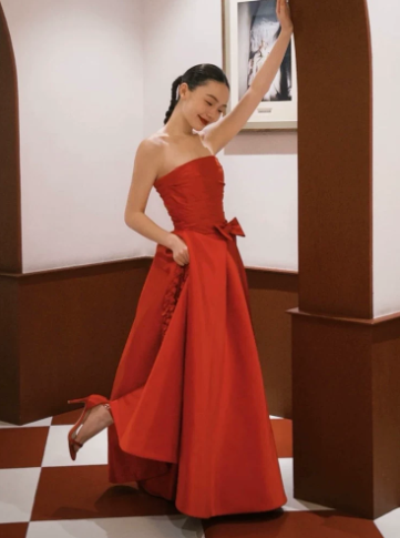 Silky Satin Strapless Corset Prom Gown , Red Women's Maxi Evening Dress Ball Gown RS2605