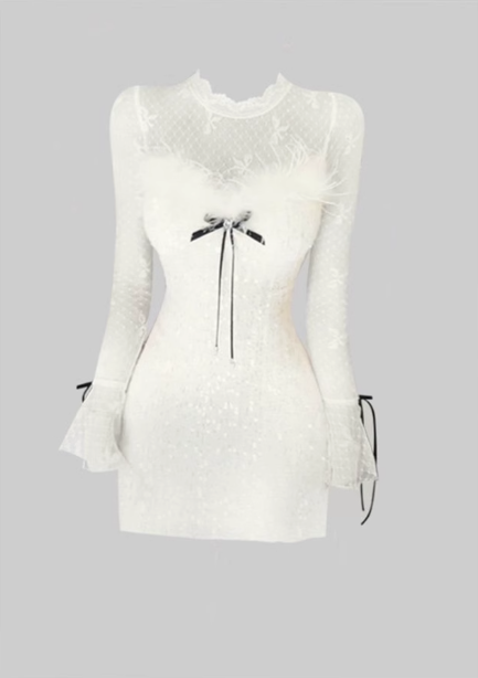 Pure desire hot girl lace long sleeve dress 2025 sequin waist hip skirt R1188