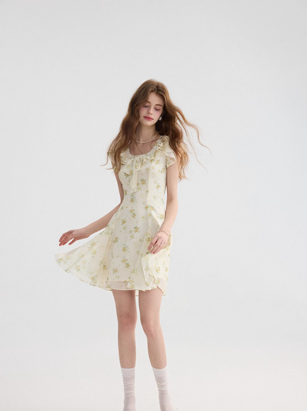 French tea break style floral dress ruffled short skirt R2701