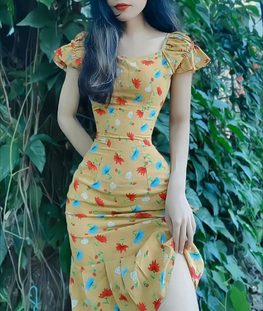 Yellow retro waist slim long skirt homecoming dress R3216