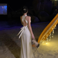 French halter neck slit satin dress backless sexy dress banquet temperament long dress R1617