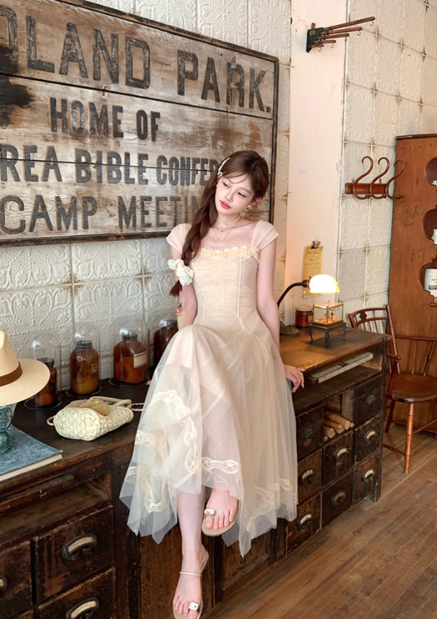 Solid color long mesh square neck suspender dress summer French style temperament skirt R4871