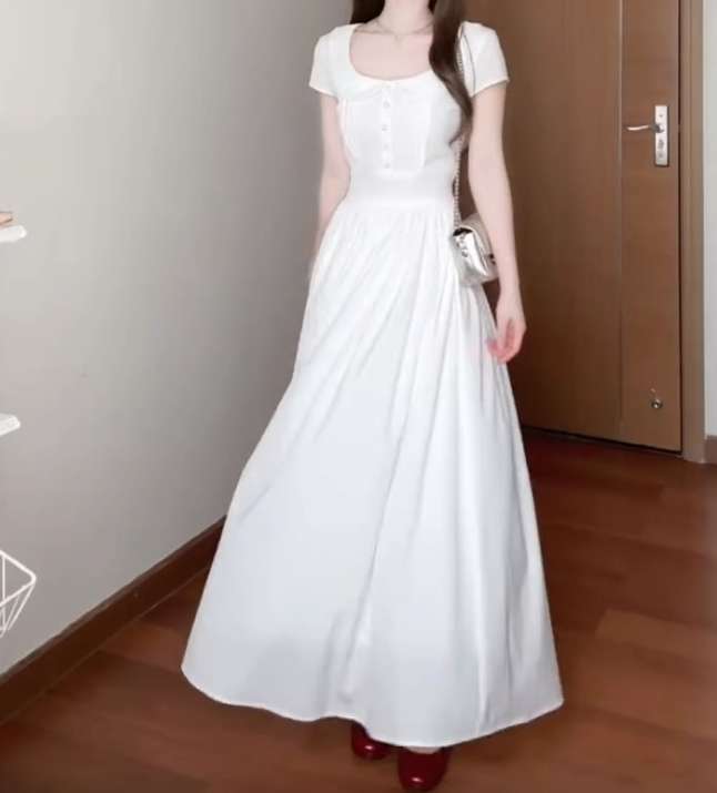 Elegant and decent skirt, gentle style, beautiful waist A-line white dress R0717