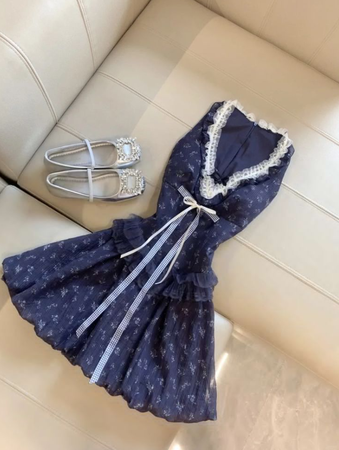 Navy Floral Homecoming Dress ,A-Line V-neck Pleated Corset Short Prom Dress RS998
