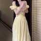 Gentle style yellow one-shoulder dress, beautiful waist temperament long dress R0815