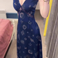 Retro blue v-neck floral halter dress beautiful waist a-line long skirt R0794